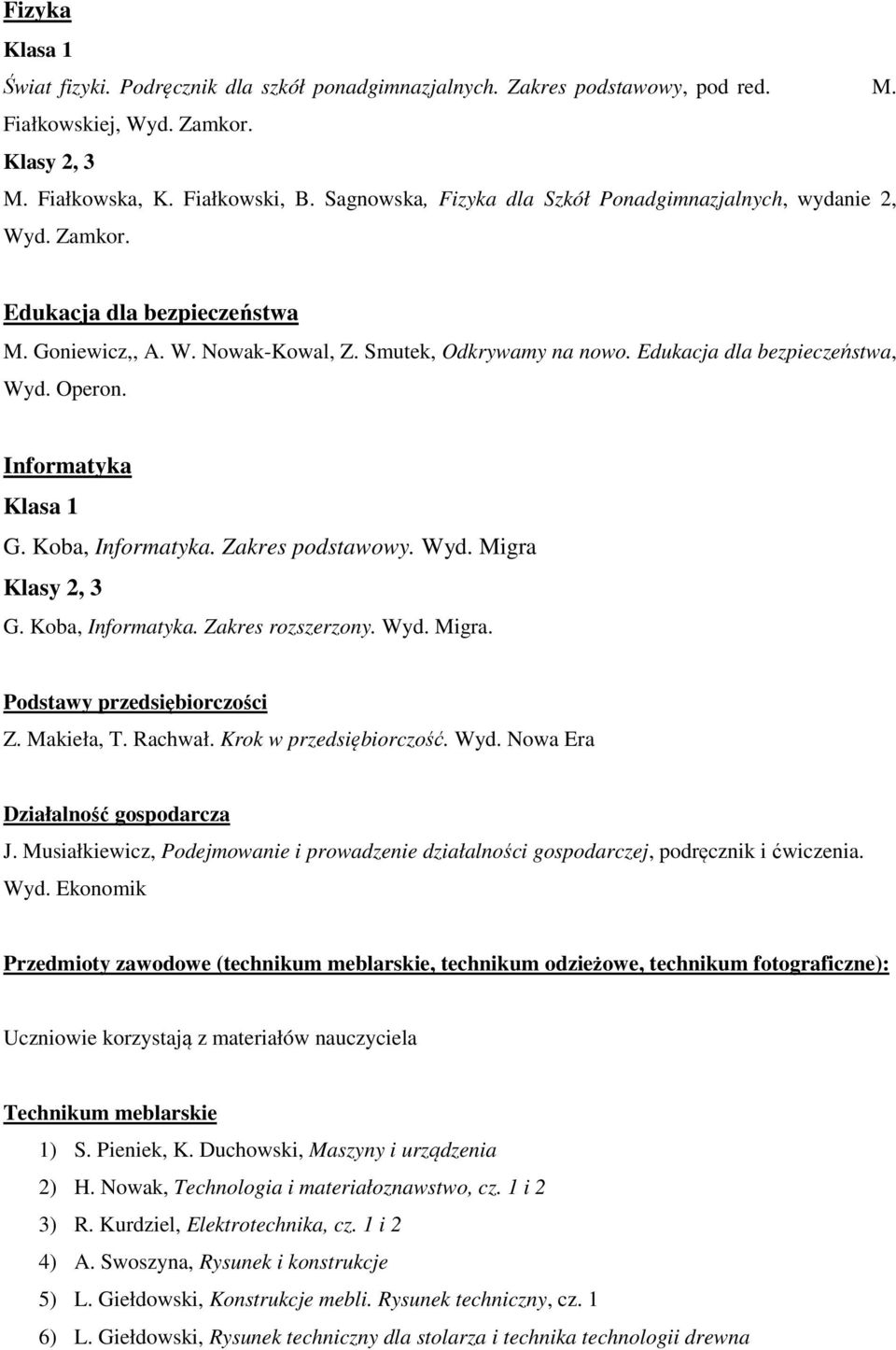 Operon. Informatyka G. Koba, Informatyka. Zakres podstawowy. Wyd. Migra Klasy 2, 3 G. Koba, Informatyka. Zakres rozszerzony. Wyd. Migra. Podstawy przedsiębiorczości Z. Makieła, T. Rachwał.