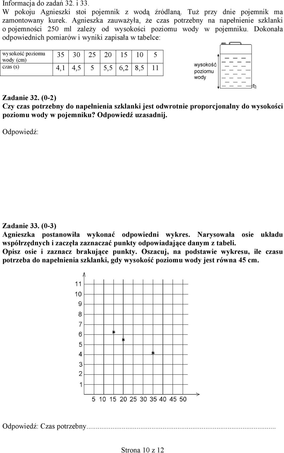 Dokonała odpowiednich pomiarów i wyniki zapisała w tabelce: wysokość poziomu wody (cm) 35 30 25 20 15 10 5 czas (s) 4,1 4,5 5 5,5 6,2 8,5 11 Zadanie 32.