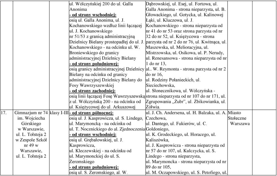 Broniewskiego do granicy administracyjnej Dzielnicy Bielany osią granicy administracyjnej Dzielnicy Bielany na odcinku od granicy administracyjnej Dzielnicy Bielany do Fosy Wawrzyszewskiej osią linii