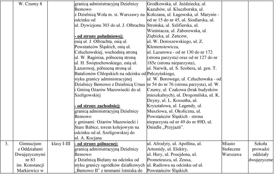 Lazurowej, północną stroną ul. Batalionów Chłopskich na odcinku od styku granicy administracyjnej Dzielnicy Bemowo z Dzielnicą Ursus i Gminą Ożarów Mazowiecki do ul.