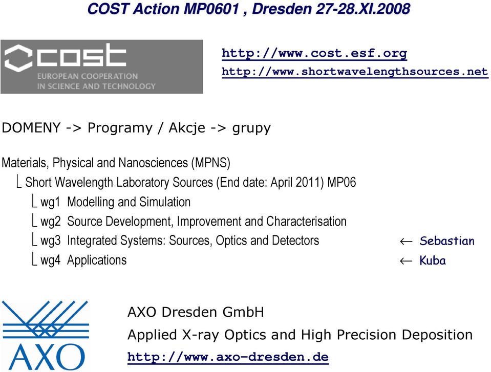 April 2011) MP06 wg1 Modelling and Simulation wg2 Source Development, Improvement and Characterisation wg3 Integrated Systems: