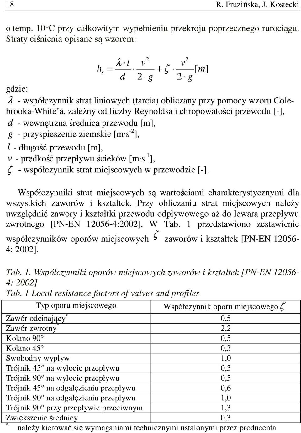 chropowatości przewodu [-], d - wewnętrzna średnica przewodu [m], g - przyspieszenie ziemskie [m s -2 ], l - długość przewodu [m], v - prędkość przepływu ścieków [m s -1 ], ζ - współczynnik strat