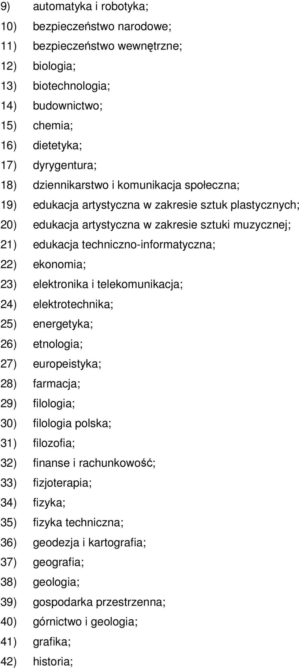 ekonomia; 23) elektronika i telekomunikacja; 24) elektrotechnika; 25) energetyka; 26) etnologia; 27) europeistyka; 28) farmacja; 29) filologia; 30) filologia polska; 31) filozofia; 32) finanse