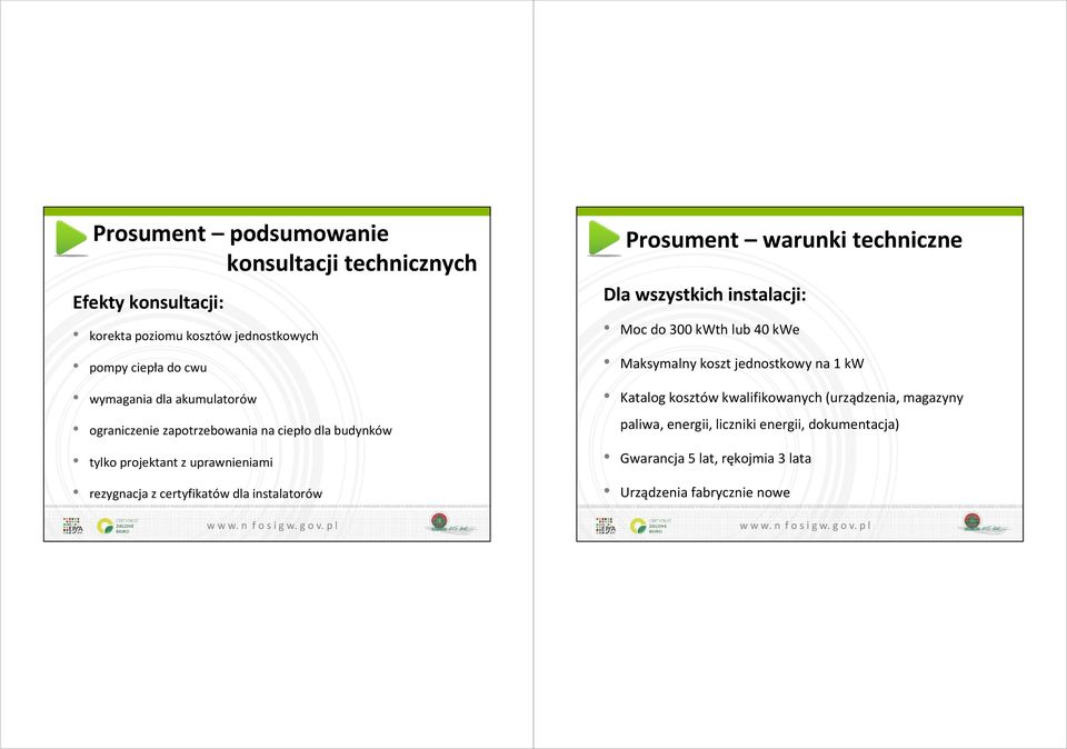 Prosument warunki techniczne Dla wszystkich instalacji: Moc do 300 kwth lub 40 kwe Maksymalny koszt jednostkowy na 1 kw Katalog kosztów