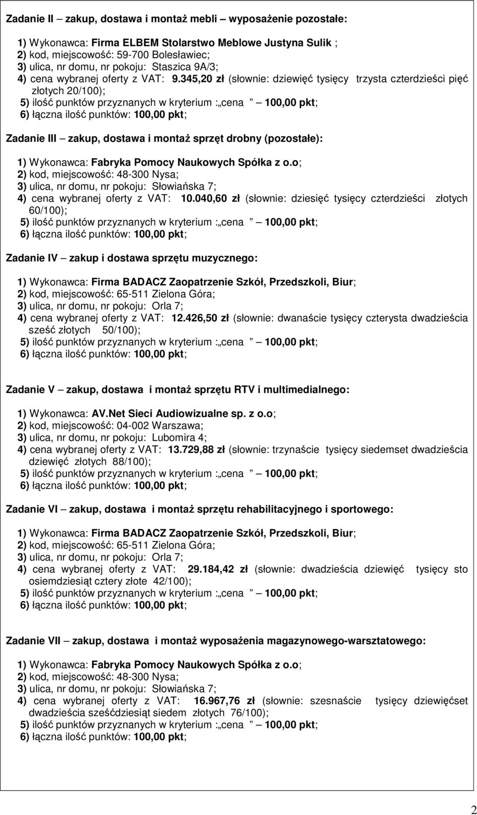 345,20 zł (słownie: dziewięć tysięcy trzysta czterdzieści pięć złotych 20/100); Zadanie III zakup, dostawa i montaŝ sprzęt drobny (pozostałe): 1) Wykonawca: Fabryka Pomocy Naukowych Spółka z o.