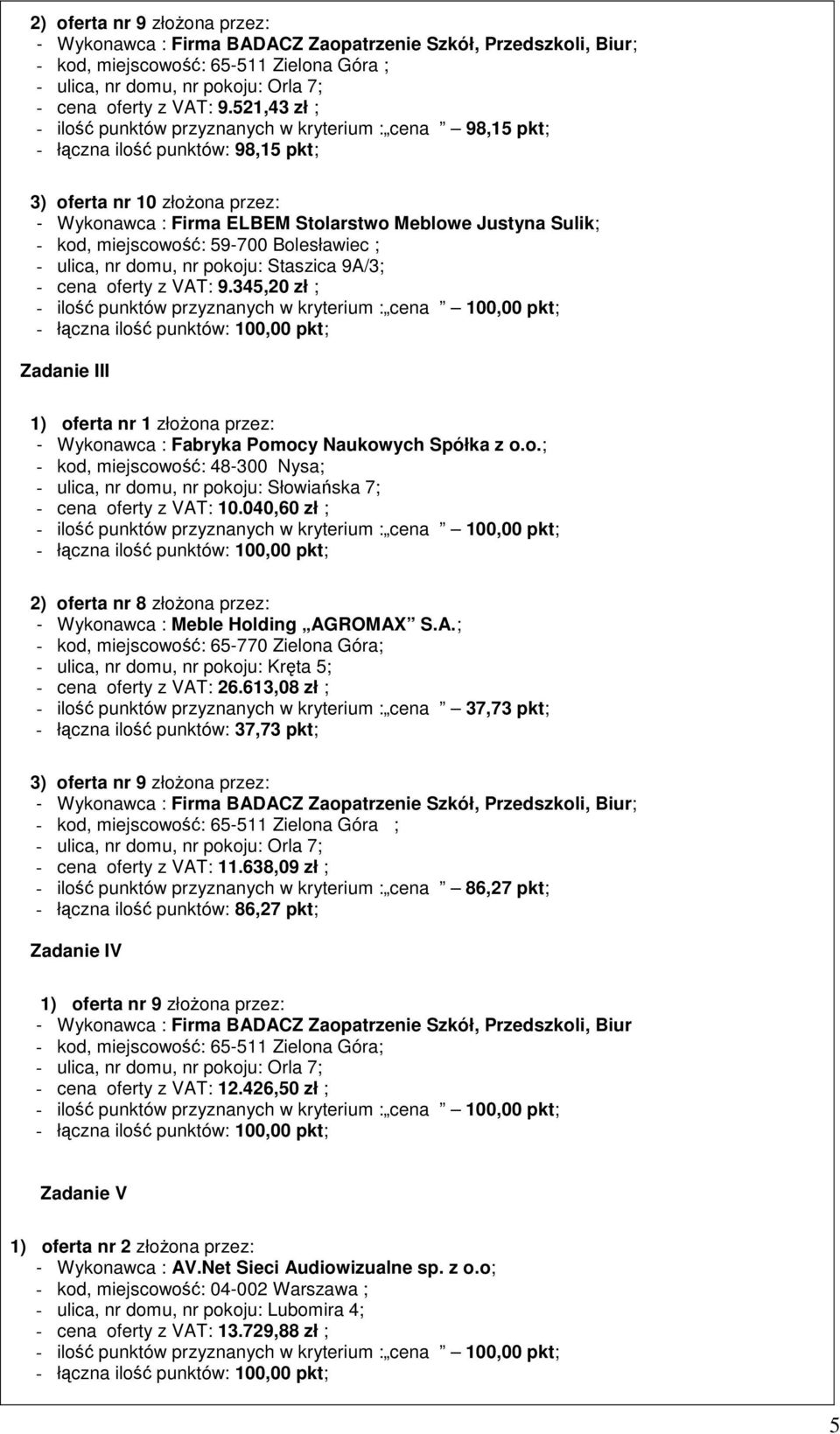 kod, miejscowość: 59-700 Bolesławiec ; - ulica, nr domu, nr pokoju: Staszica 9A/3; - cena oferty z VAT: 9.