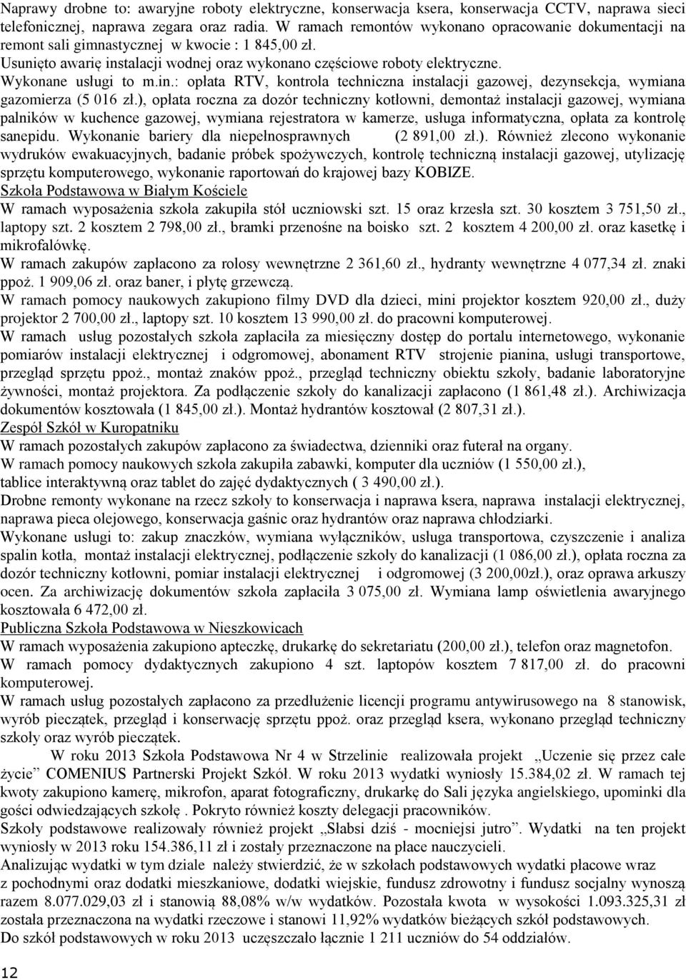 Wykonane usługi to m.in.: opłata RTV, kontrola techniczna instalacji gazowej, dezynsekcja, wymiana gazomierza (5 016 zł.