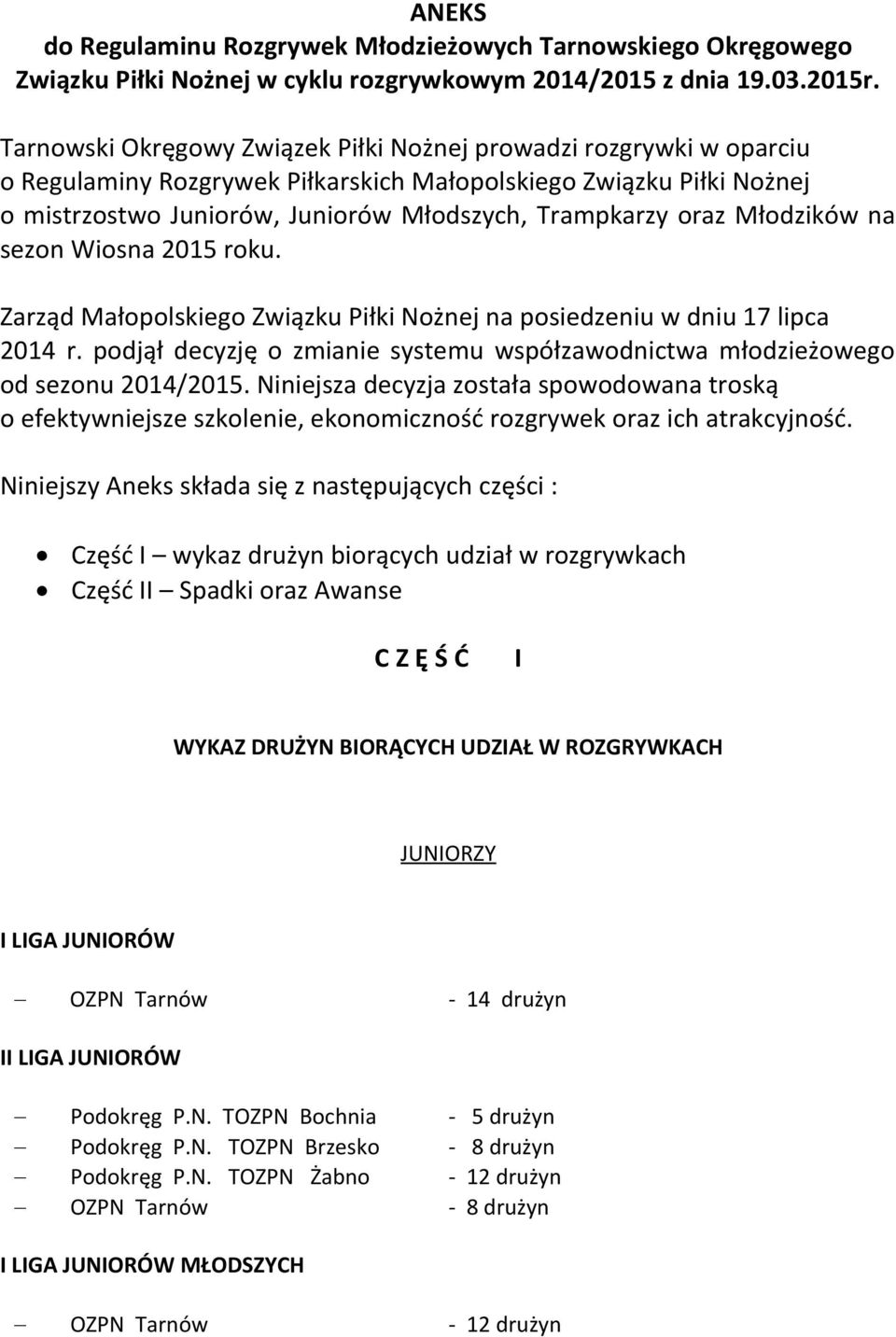 Młodzików na sezon Wiosna 2015 roku. Zarząd Małopolskiego Związku Piłki Nożnej na posiedzeniu w dniu 17 lipca 2014 r.