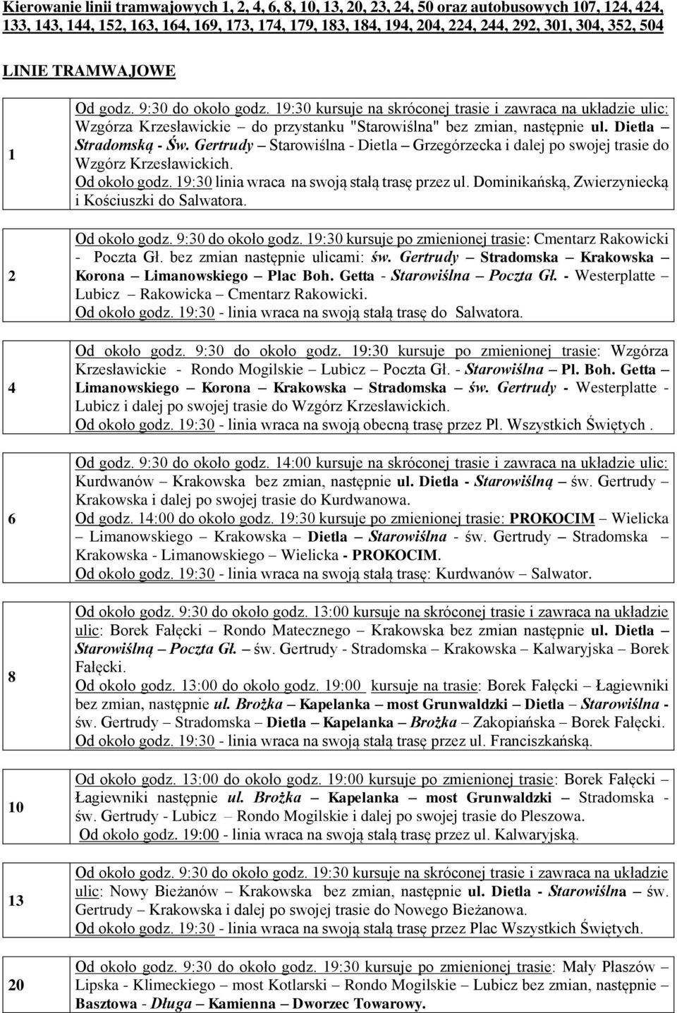 19:30 kursuje na skróconej trasie i zawraca na układzie ulic: Wzgórza Krzesławickie do przystanku "Starowiślna" bez zmian, następnie ul. Dietla Stradomską - Św.