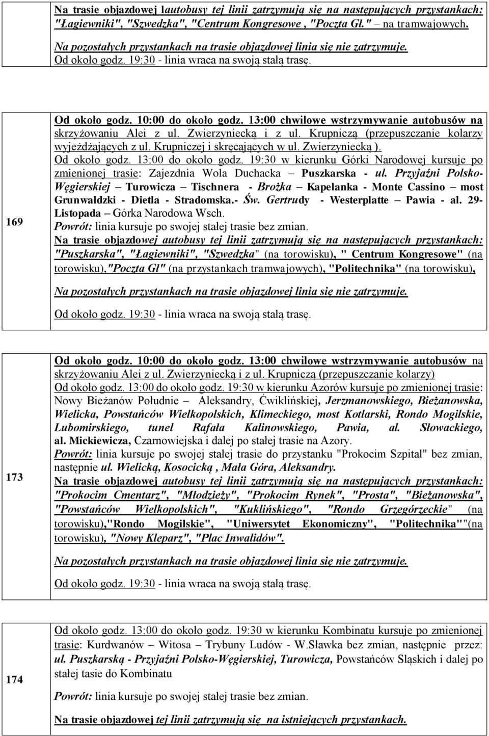 Przyjaźni Polsko- Węgierskiej Turowicza Tischnera - Brożka Kapelanka - Monte Cassino most Grunwaldzki - Dietla - Stradomska.- Św. Gertrudy - Westerplatte Pawia - al. 29- Listopada Górka Narodowa Wsch.