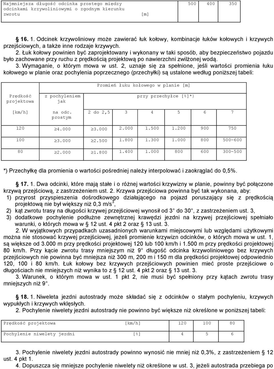 Łuk kołowy powinien być zaprojektowany i wykonany w taki sposób, aby bezpieczeństwo pojazdu było zachowane przy ruchu z prędkością projektową po nawierzchni zwilżonej wodą. 3.