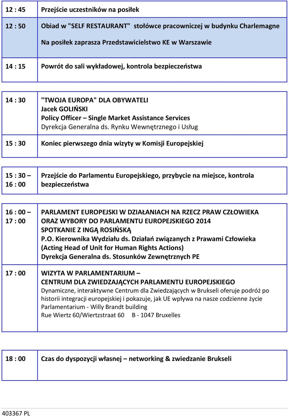 Rynku Wewnętrznego i Usług 15 : 30 Koniec pierwszego dnia wizyty w Komisji Europejskiej 15 : 30 16 : 00 Przejście do Parlamentu Europejskiego, przybycie na miejsce, kontrola bezpieczeństwa 16 : 00 17