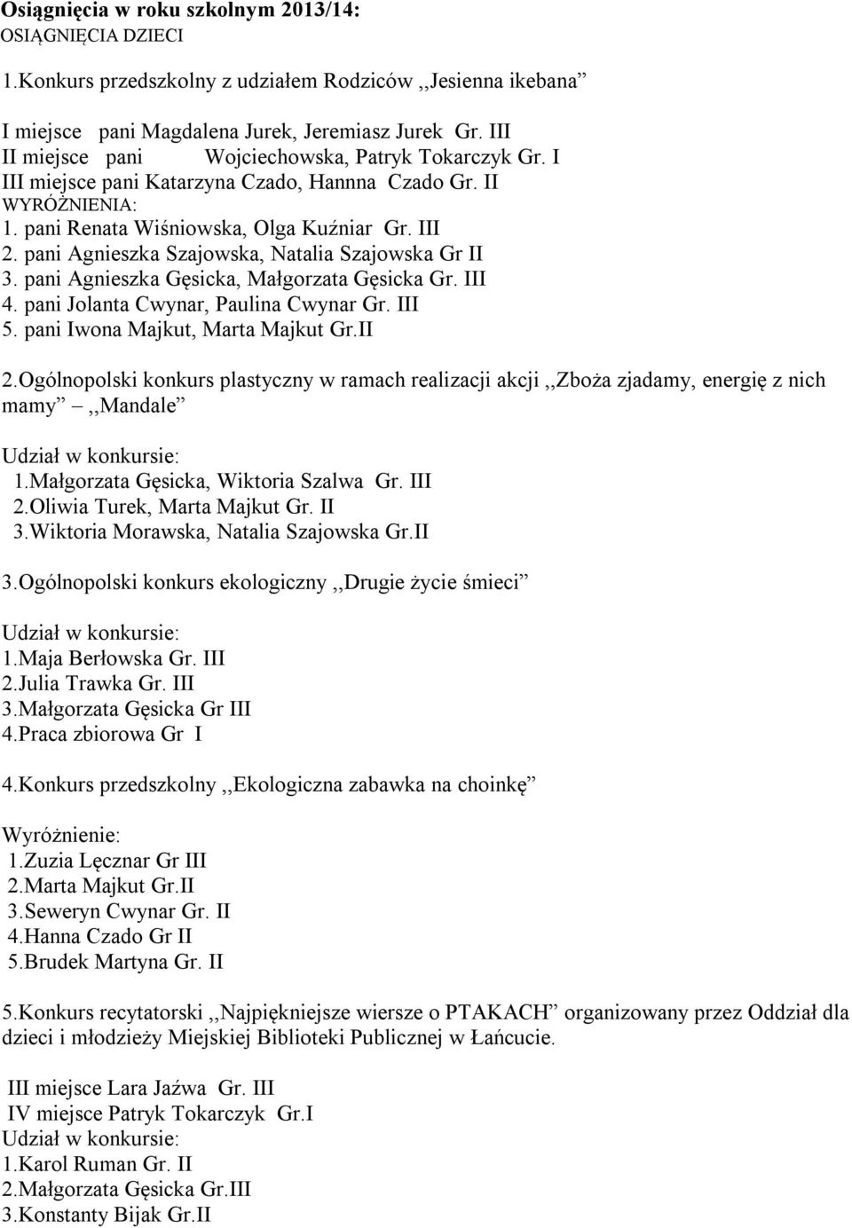 pani Agnieszka Szajowska, Natalia Szajowska Gr II 3. pani Agnieszka Gęsicka, Małgorzata Gęsicka Gr. III 4. pani Jolanta Cwynar, Paulina Cwynar Gr. III 5. pani Iwona Majkut, Marta Majkut Gr.II 2.