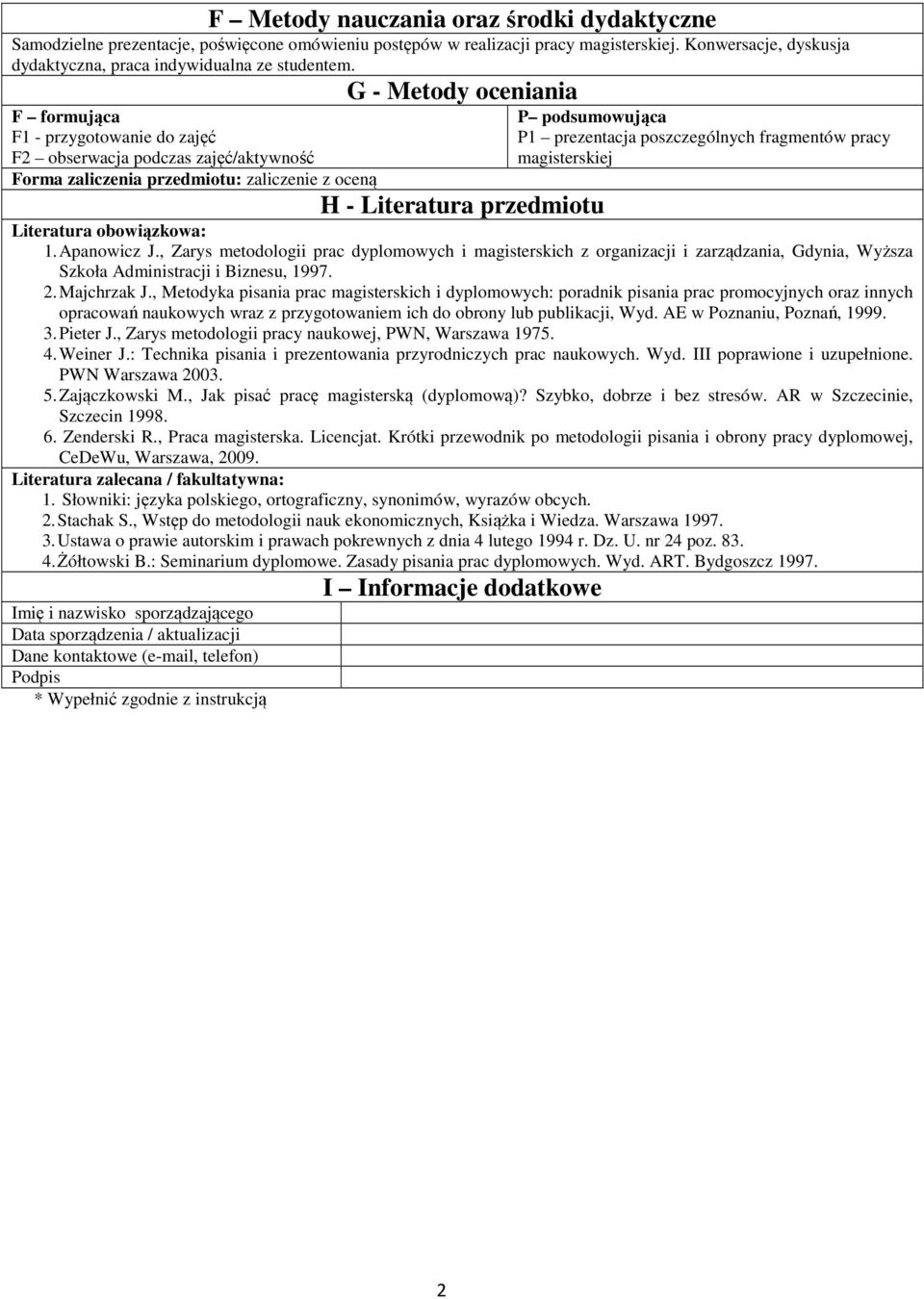 , Zarys metodologii prac dyplomowych i magisterskich z organizacji i zarządzania, Gdynia, Wyższa Szkoła Administracji i Biznesu, 997.. Majchrzak J.