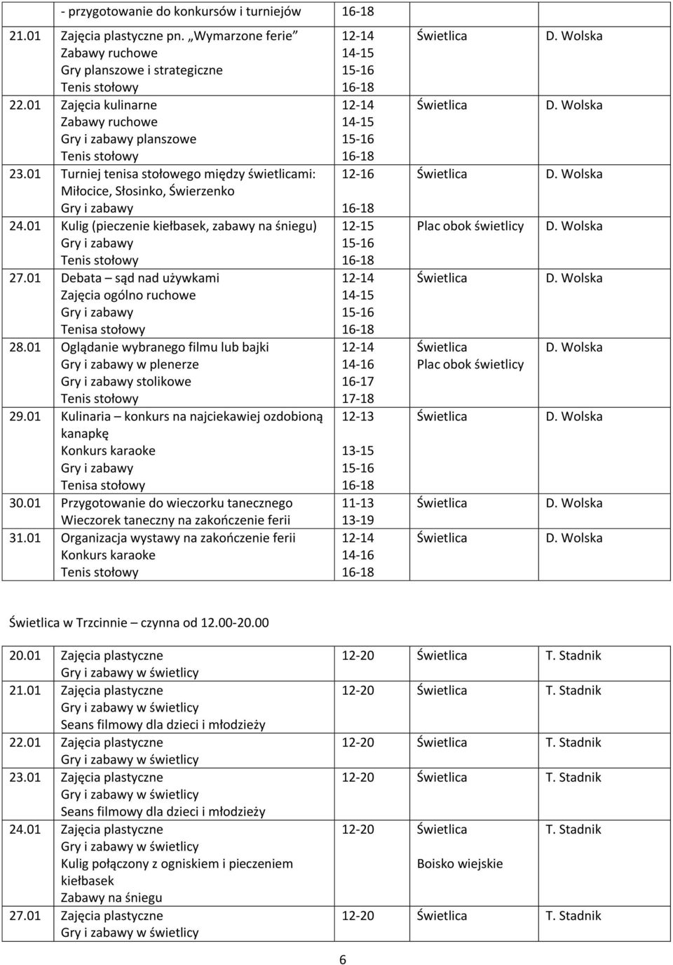 01 Debata sąd nad używkami Zajęcia ogólno ruchowe Tenisa stołowy 28.01 Oglądanie wybranego filmu lub bajki w plenerze stolikowe 29.