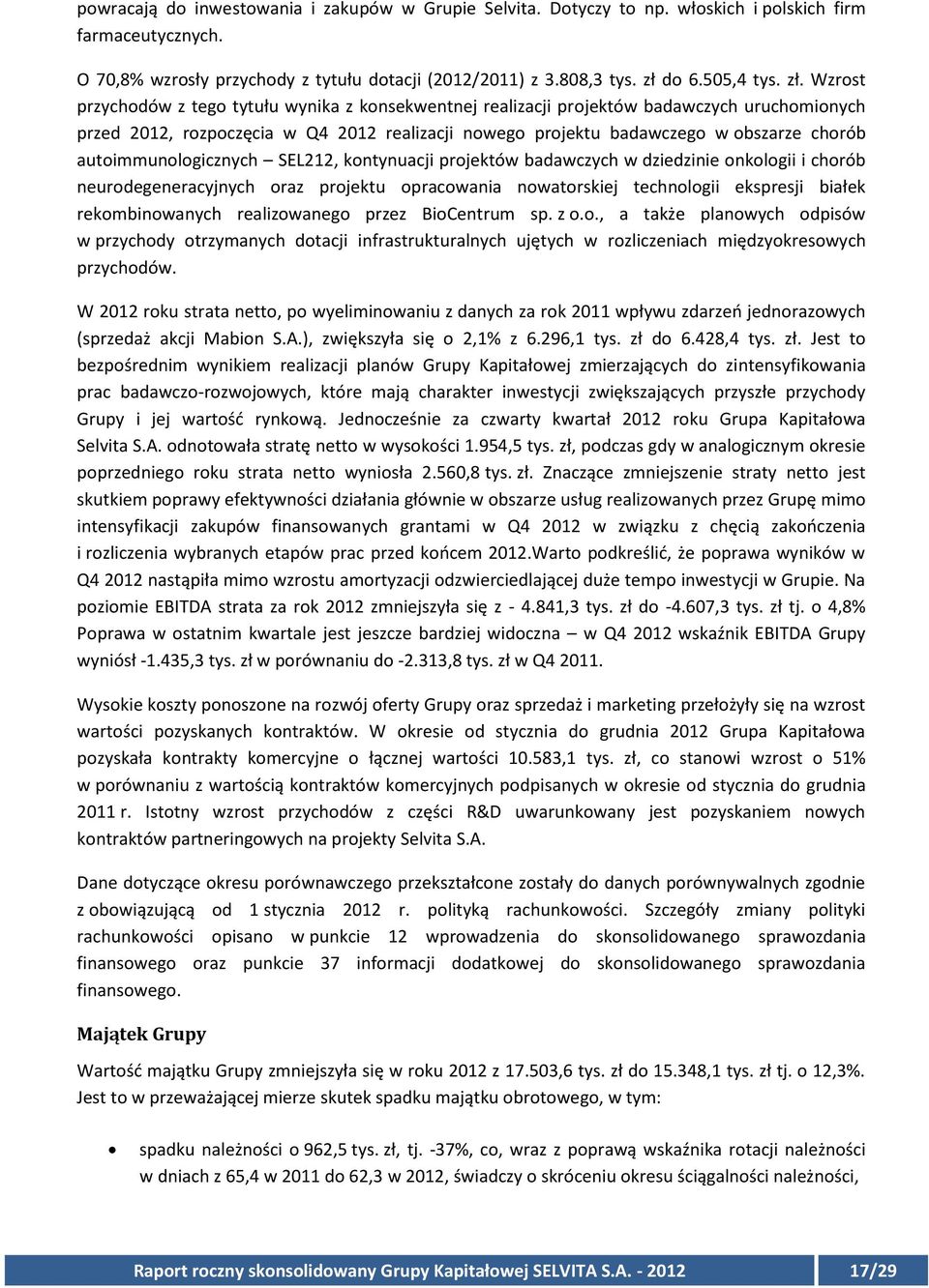 autoimmunologicznych SEL212, kontynuacji projektów badawczych w dziedzinie onkologii i chorób neurodegeneracyjnych oraz projektu opracowania nowatorskiej technologii ekspresji białek rekombinowanych