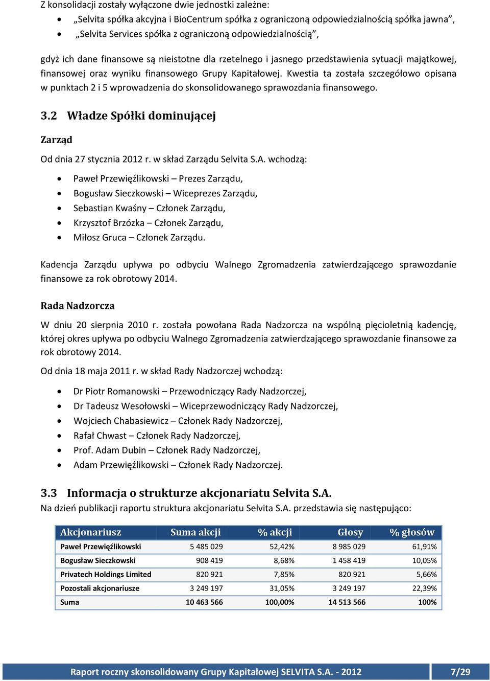 Kwestia ta została szczegółowo opisana w punktach 2 i 5 wprowadzenia do skonsolidowanego sprawozdania finansowego. 3.2 Władze Spółki dominującej Zarząd Od dnia 27 stycznia 2012 r.