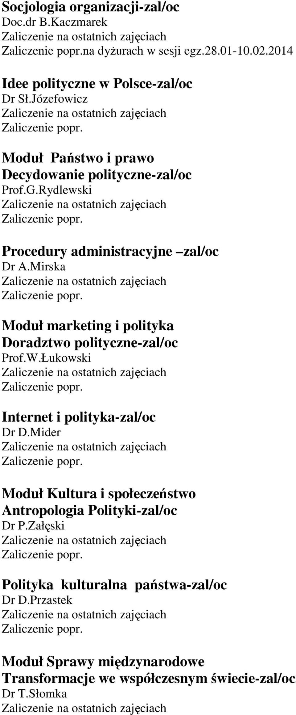 Mirska Moduł marketing i polityka Doradztwo polityczne-zal/oc Prof.W.Łukowski Internet i polityka-zal/oc Dr D.