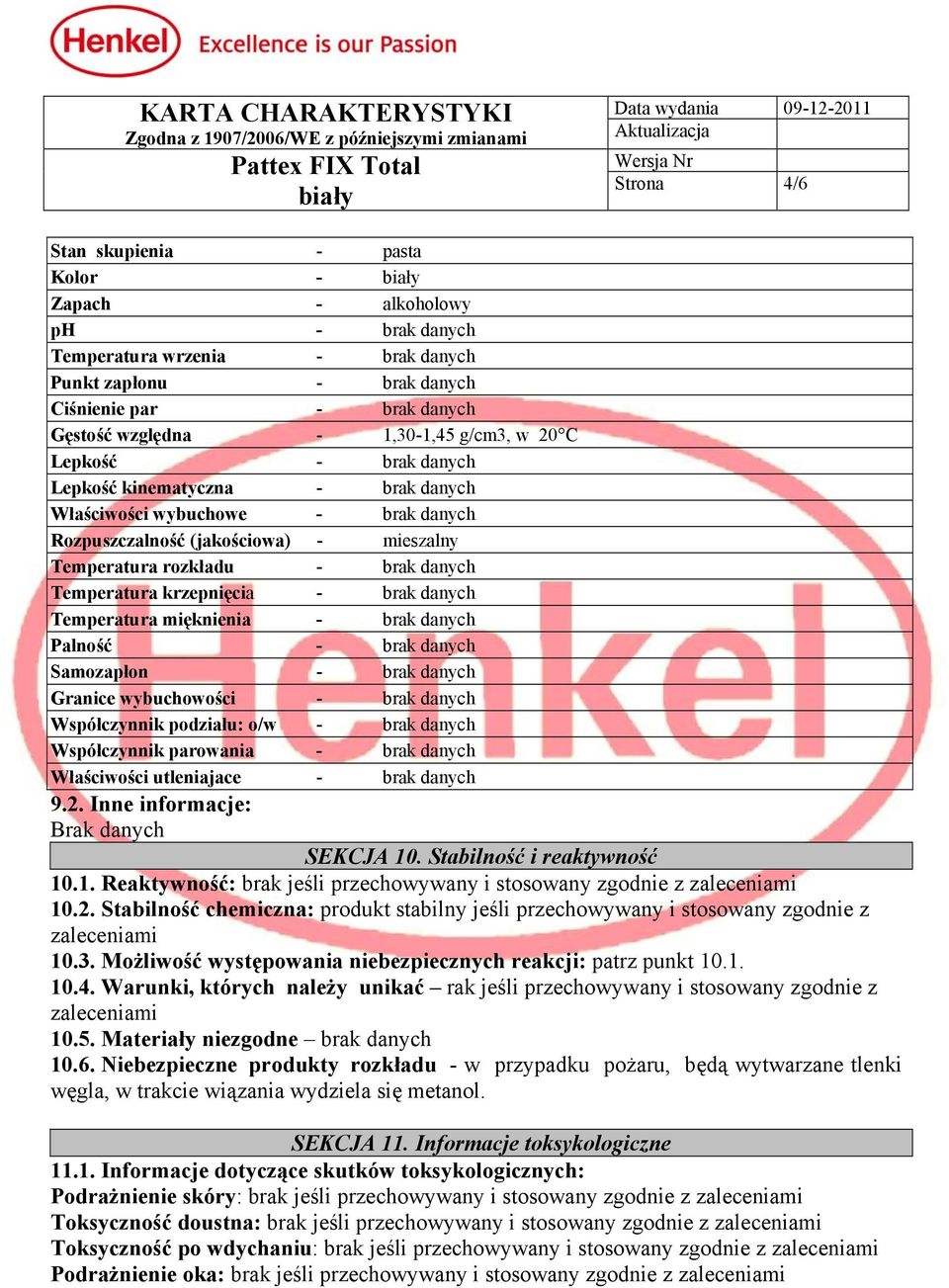 krzepnięcia - brak danych Temperatura mięknienia - brak danych Palność - brak danych Samozapłon - brak danych Granice wybuchowości - brak danych Współczynnik podziału: o/w - brak danych Współczynnik
