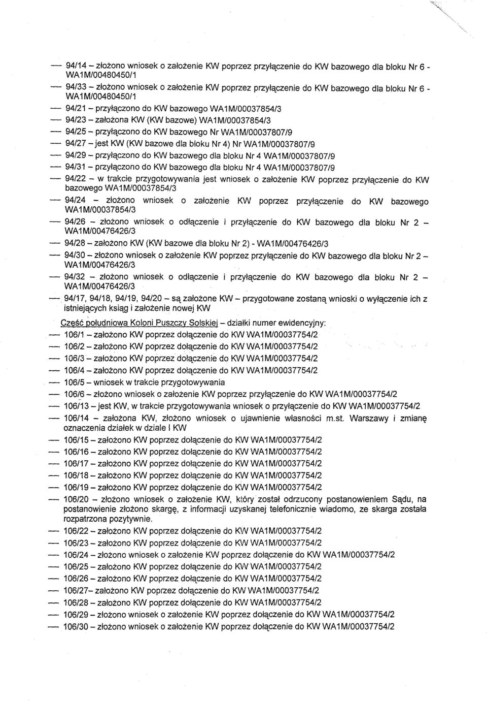 WA1M/00037807/9-94/29 - przylaczono do ~ bazowego dla bloku Nr 4 WA 1M/00037807/9-94/31 - przylaczono do KW bazowego dla bloku Nr 4 WA1M/00037807/9-94/22 - w trakcie przygotowywania jest wniosek o
