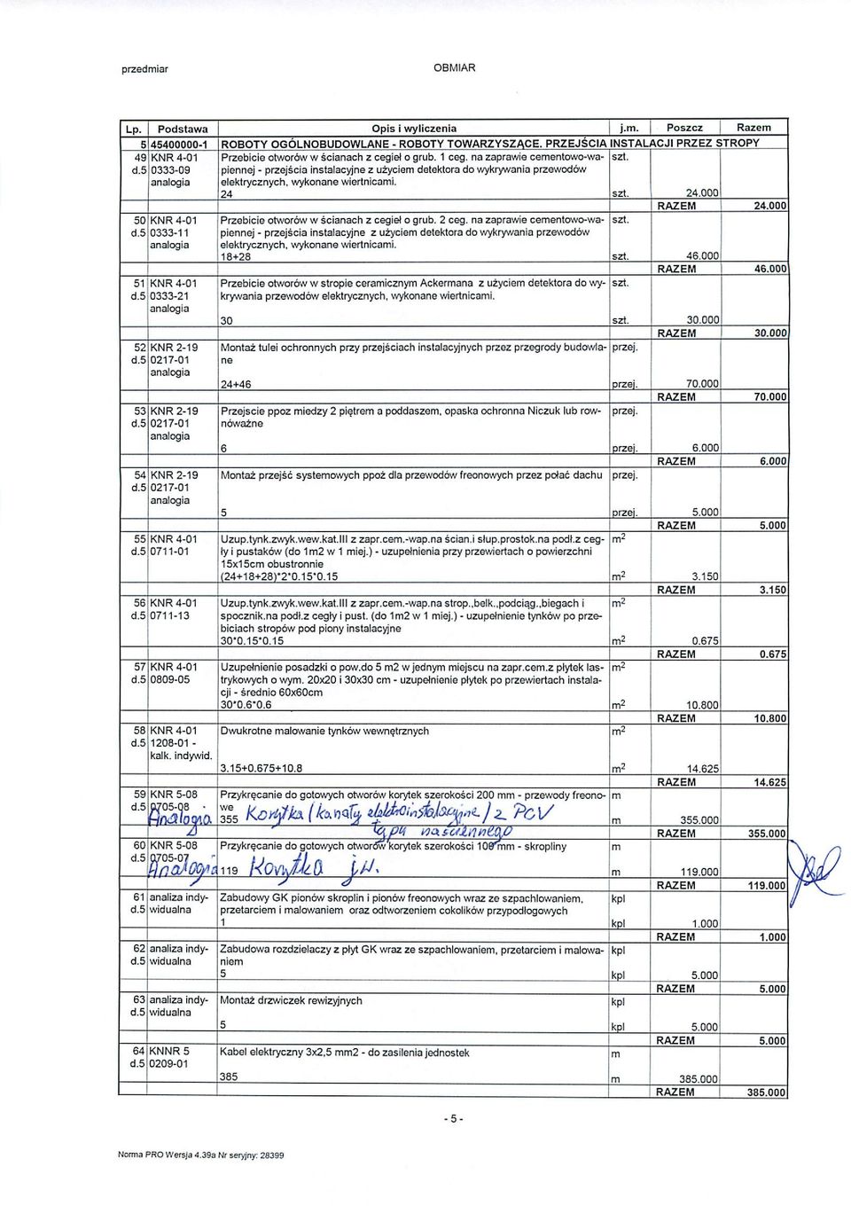 0-09 - przejscia instalacyjne z uzycie detektora do wykrywania przewodow elektrycznych, wykonane wiertnicai. 4 szt. 4.000 RAZEM 4.