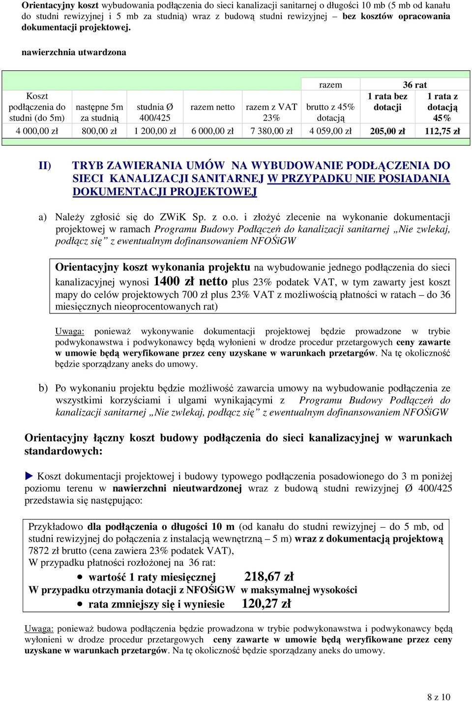 nawierzchnia utwardzona razem 36 rat Koszt podłączenia do studni (do 5m) następne 5m za studnią studnia Ø 400/425 razem netto razem z VAT 23% brutto z 45% dotacją 1 rata bez dotacji 1 rata z dotacją
