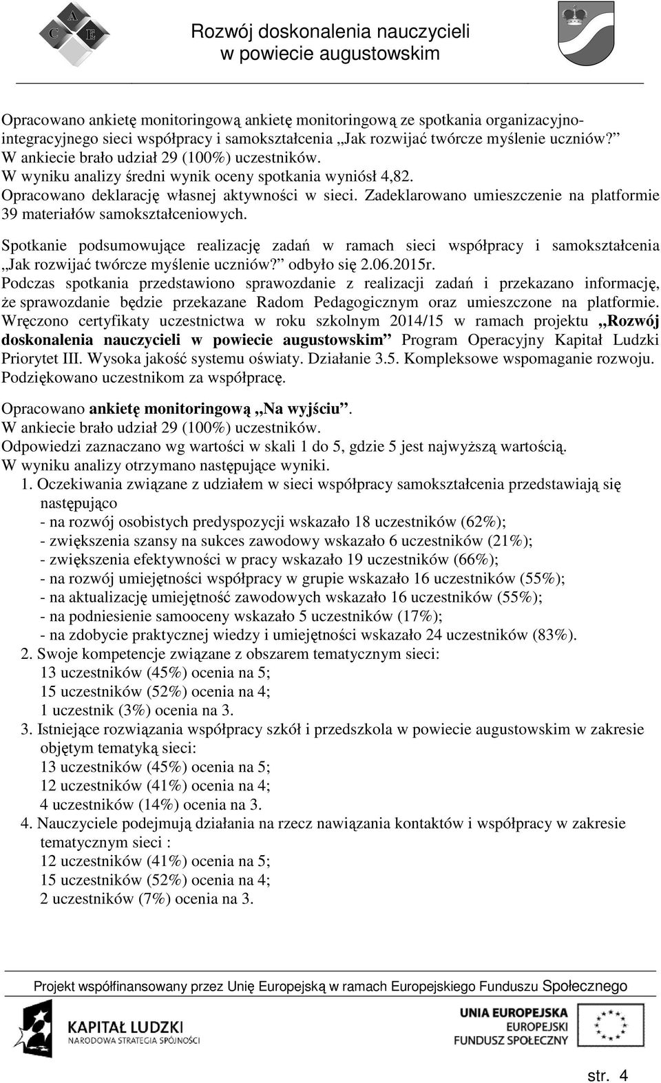 Zadeklarowano umieszczenie na platformie 39 materiałów samokształceniowych. Spotkanie podsumowujące realizację zadań w ramach sieci współpracy i samokształcenia Jak rozwijać twórcze myślenie uczniów?