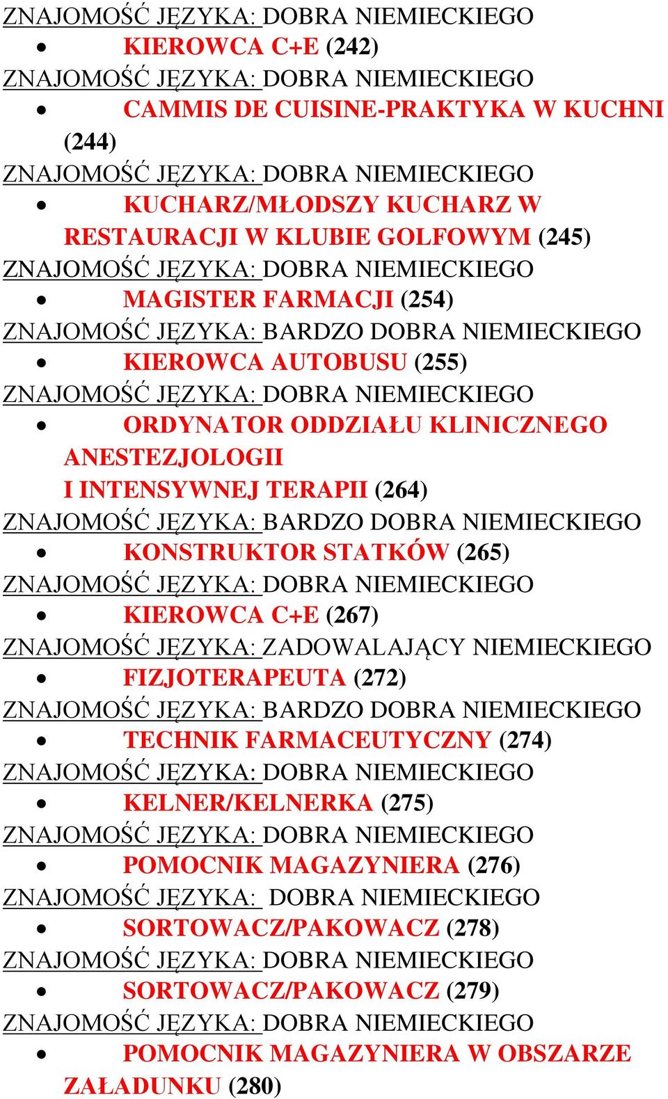 NIEMIECKIEGO KONSTRUKTOR STATKÓW (265) KIEROWCA C+E (267) ZNAJOMOŚĆ JĘZYKA: ZADOWALAJĄCY NIEMIECKIEGO FIZJOTERAPEUTA (272) ZNAJOMOŚĆ JĘZYKA: BARDZO DOBRA