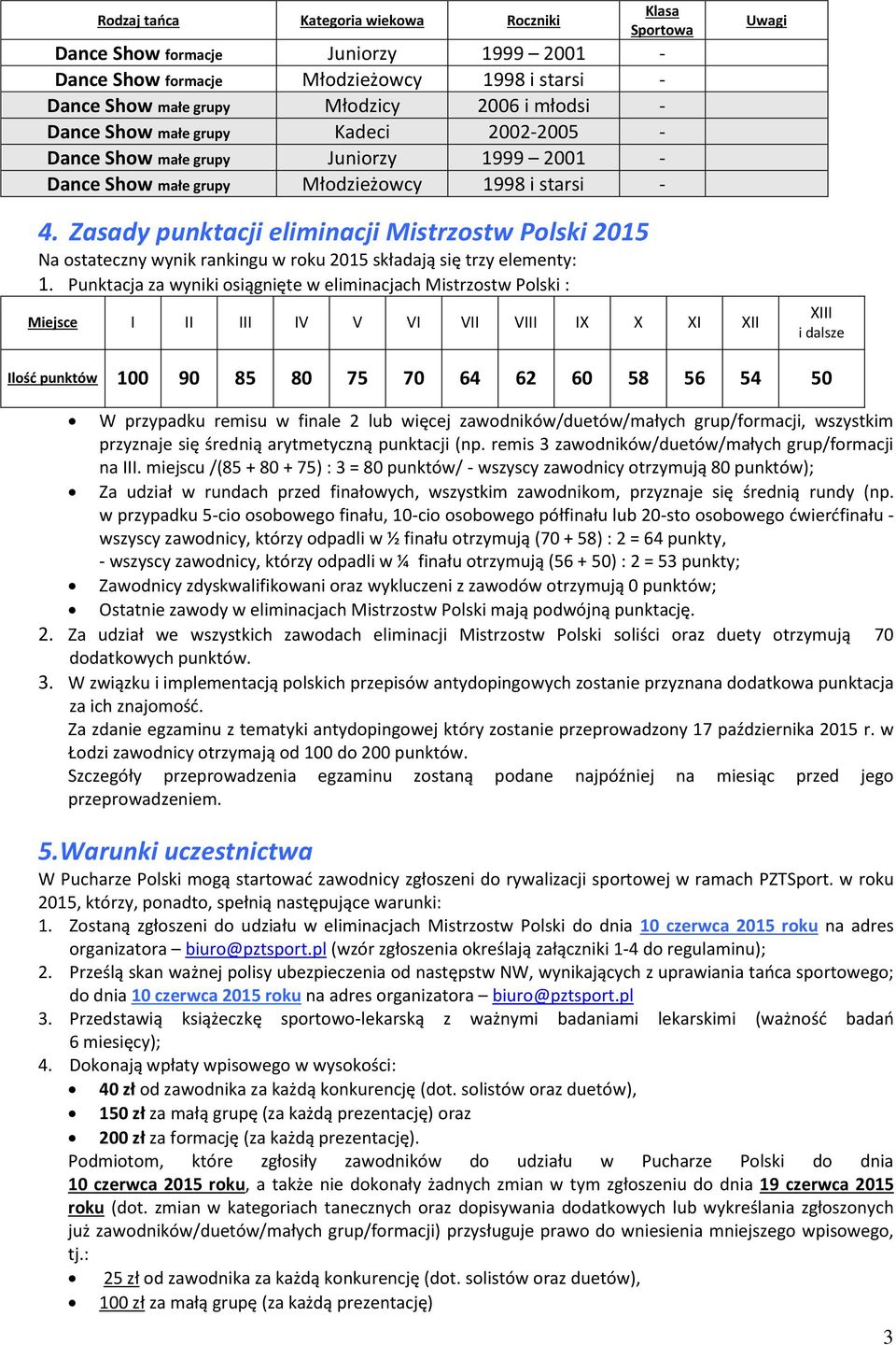 Punktacja za wyniki osiągnięte w eliminacjach Mistrzostw Polski : Miejsce I II III IV V VI VII VIII IX X XI XII XIII i dalsze Ilość punktów 100 90 85 80 75 70 64 62 60 58 56 54 50 W przypadku remisu