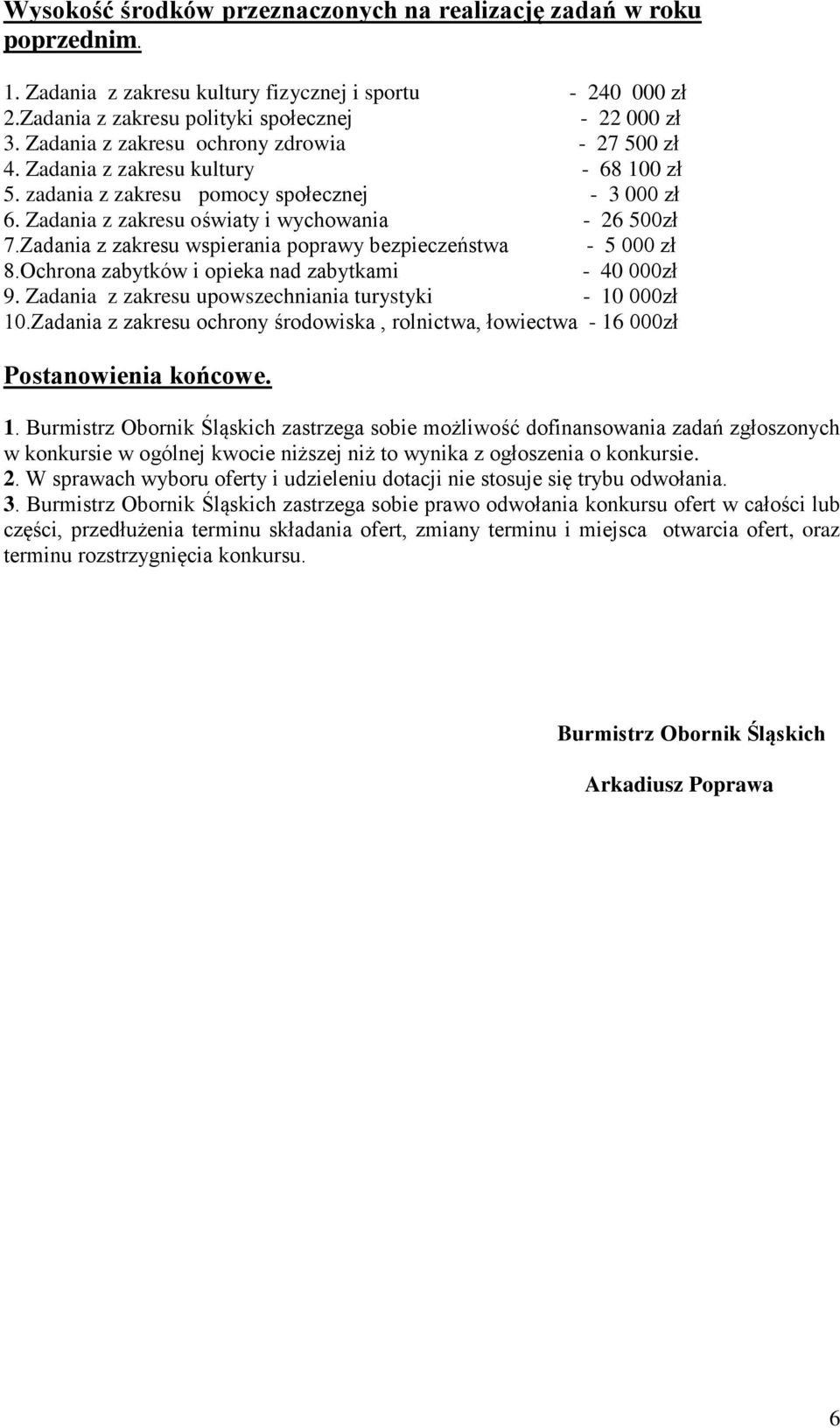 Zadania z zakresu wspierania poprawy bezpieczeństwa - 5 000 zł 8.Ochrona zabytków i opieka nad zabytkami - 40 000zł 9. Zadania z zakresu upowszechniania turystyki - 10 000zł 10.