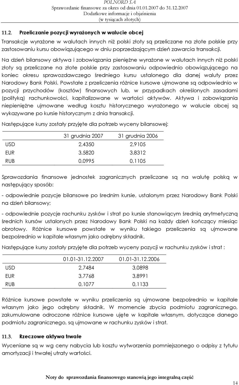 Na dzień bilansowy aktywa i zobowiązania pienięŝne wyraŝone w walutach innych niŝ polski złoty są przeliczane na złote polskie przy zastosowaniu odpowiednio obowiązującego na koniec okresu