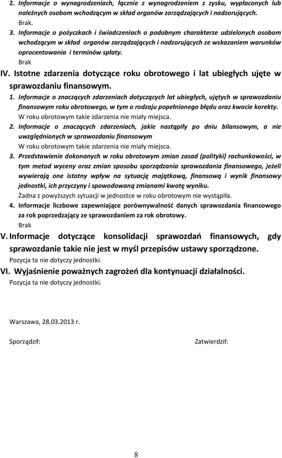 Brak IV. Istotne zdarzenia dotyczące roku obrotowego i lat ubiegłych ujęte w sprawozdaniu finansowym. 1.