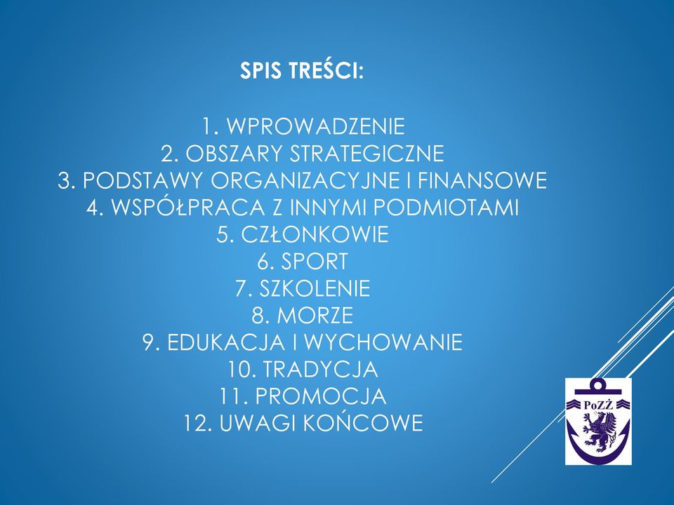 WSPÓŁPRACA Z INNYMI PODMIOTAMI 5. CZŁONKOWIE 6. SPORT 7.