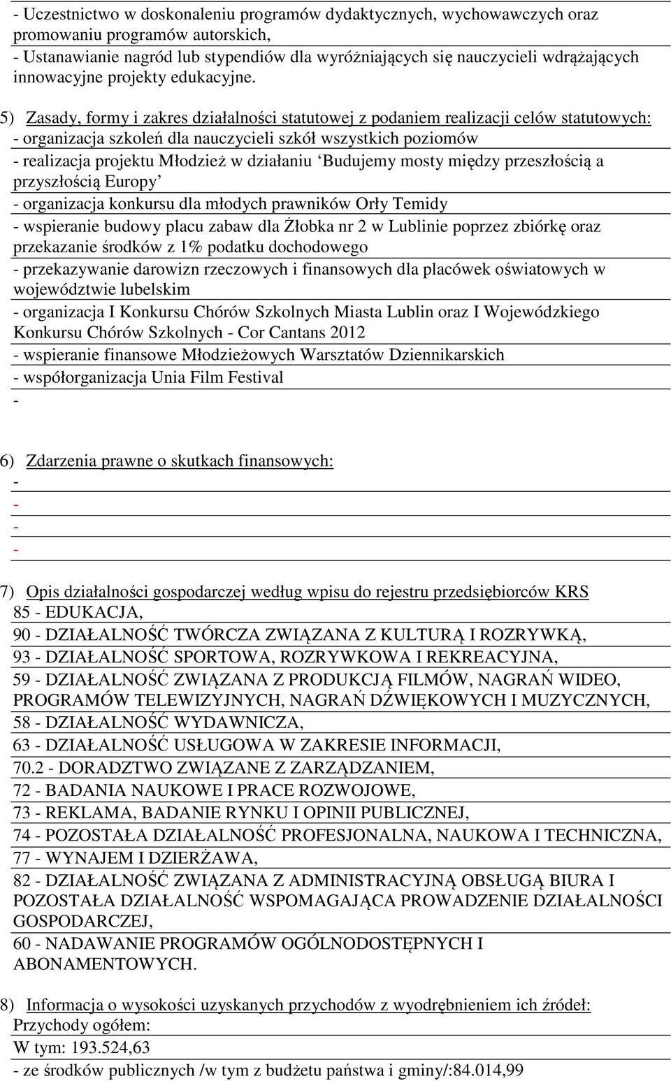 5) Zasady, formy i zakres działalności statutowej z podaniem realizacji celów statutowych: organizacja szkoleń dla nauczycieli szkół wszystkich poziomów realizacja projektu Młodzież w działaniu