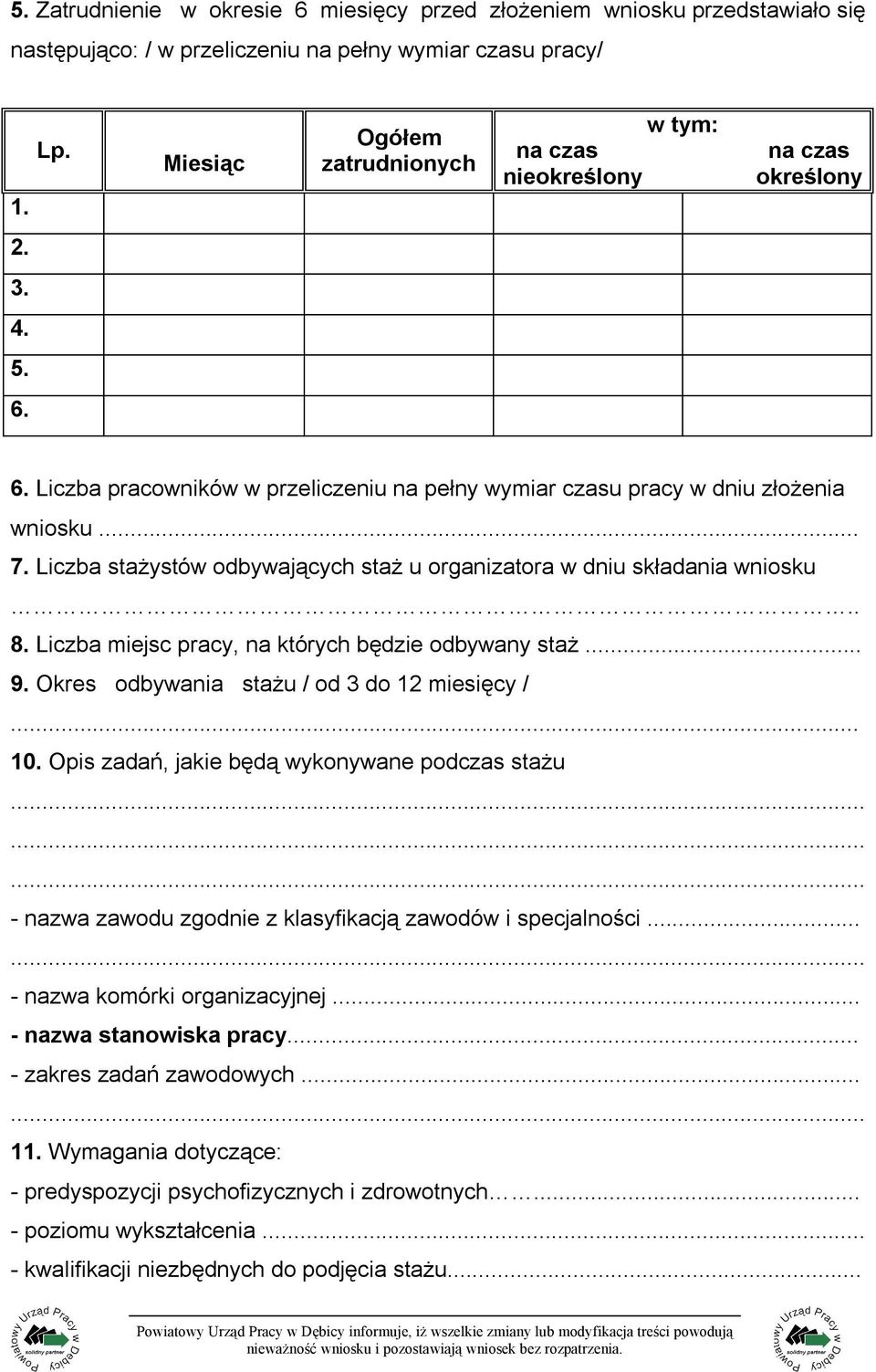 Liczba stażystów odbywających staż u organizatora w dniu składania wniosku.. 8. Liczba miejsc pracy, na których będzie odbywany staż... 9. Okres odbywania stażu / od 3 do 12 miesięcy /... 10.