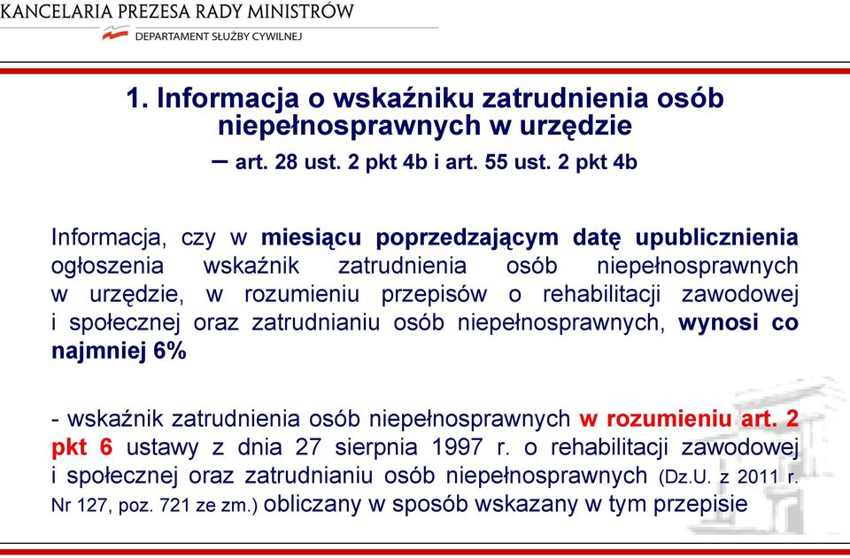 o rehabilitacji zawodowej i społecznej oraz zatrudnianiu osób niepełnosprawnych, wynosi co najmniej 6% - wskaźnik zatrudnienia osób niepełnosprawnych w