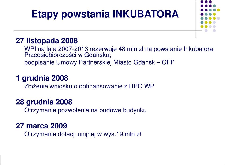 Gdańsk GFP 1 grudnia 2008 Złożenie wniosku o dofinansowanie z RPO WP 28 grudnia 2008