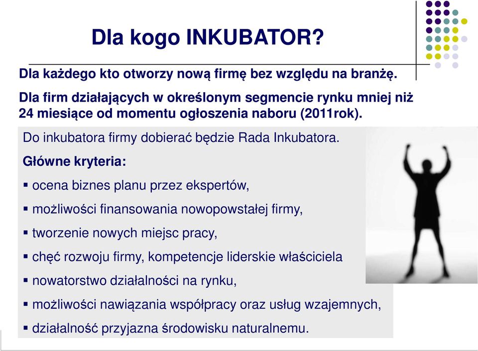 Do inkubatora firmy dobierać będzie Rada Inkubatora.