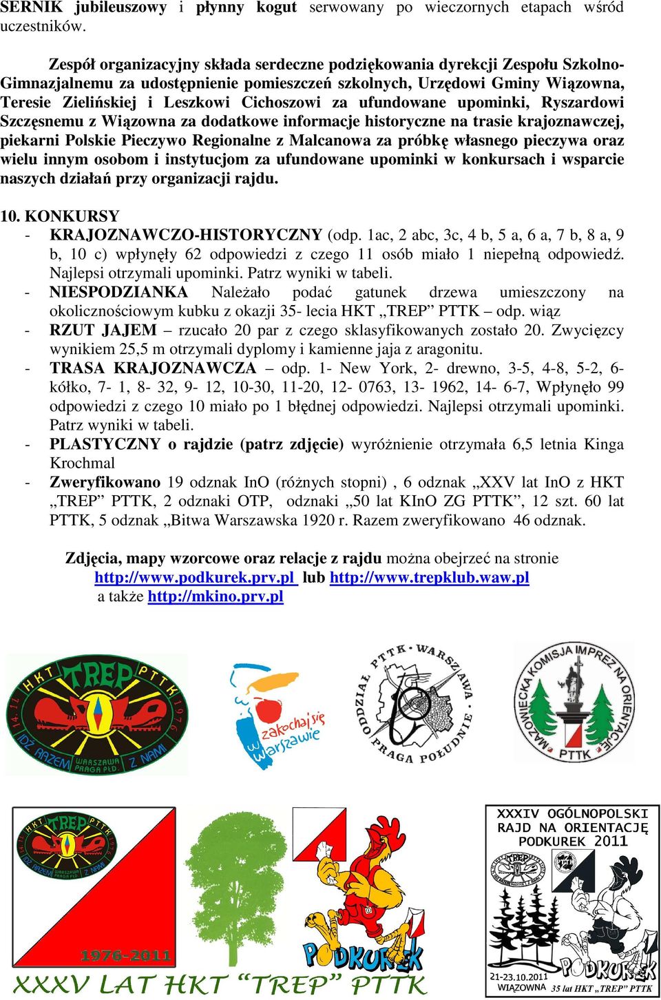 za ufundowane upominki, Ryszardowi Szczęsnemu z Wiązowna za dodatkowe informacje historyczne na trasie krajoznawczej, piekarni Polskie Pieczywo Regionalne z Malcanowa za próbkę własnego pieczywa oraz