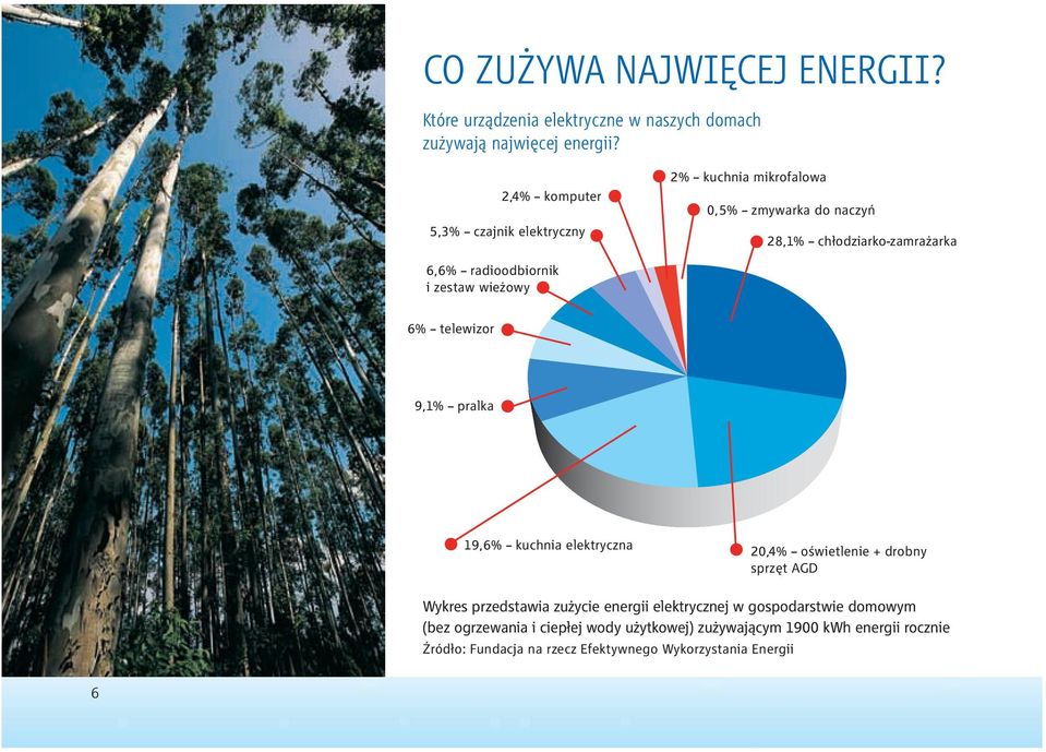 zestaw wieżowy 6% telewizor 9,1% pralka 19,6% kuchnia elektryczna 20,4% oświetlenie + drobny sprzęt AGD Wykres przedstawia zużycie energii