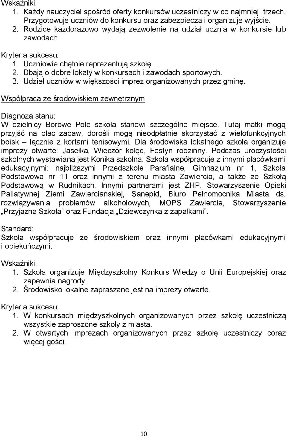 Udział uczniów w większości imprez organizowanych przez gminę. Współpraca ze środowiskiem zewnętrznym W dzielnicy Borowe Pole szkoła stanowi szczególne miejsce.