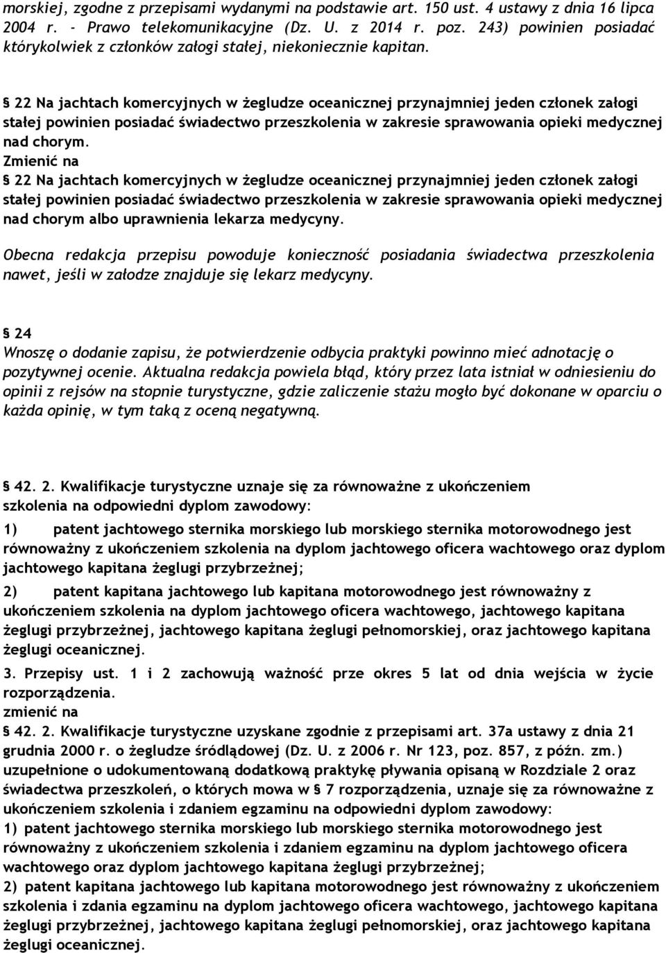 22 Na jachtach komercyjnych w żegludze oceanicznej przynajmniej jeden członek załogi stałej powinien posiadać świadectwo przeszkolenia w zakresie sprawowania opieki medycznej nad chorym.