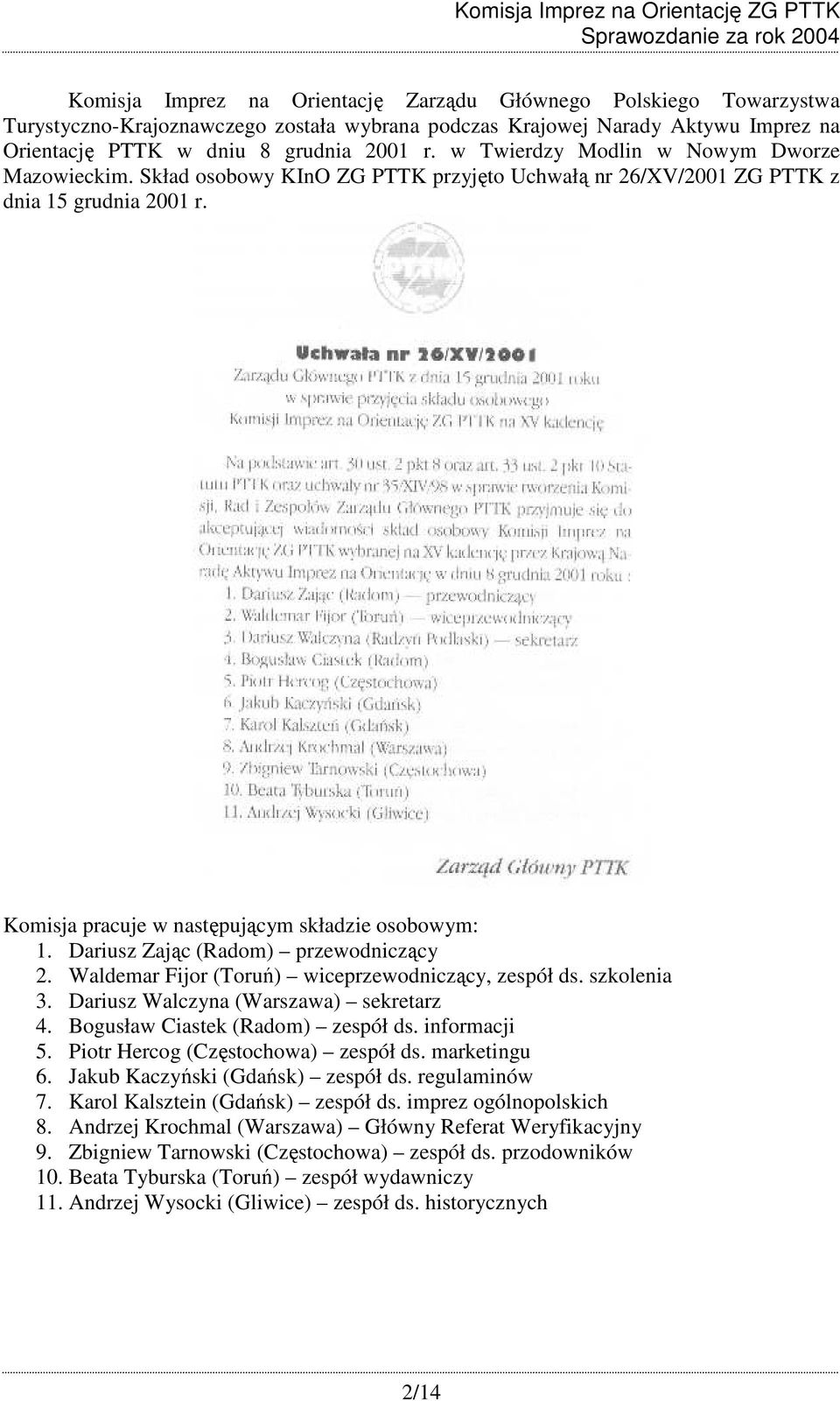 Dariusz Zając (Radom) przewodniczący 2. Waldemar Fijor (Toruń) wiceprzewodniczący, zespół ds. szkolenia 3. Dariusz Walczyna (Warszawa) sekretarz 4. Bogusław Ciastek (Radom) zespół ds. informacji 5.