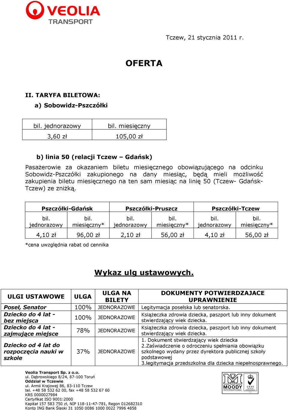 zakupionego na dany miesiąc, będą mieli możliwość zakupienia biletu miesięcznego na ten sam miesiąc na linię 50 (Tczew- Gdańsk- Tczew) ze zniżką.