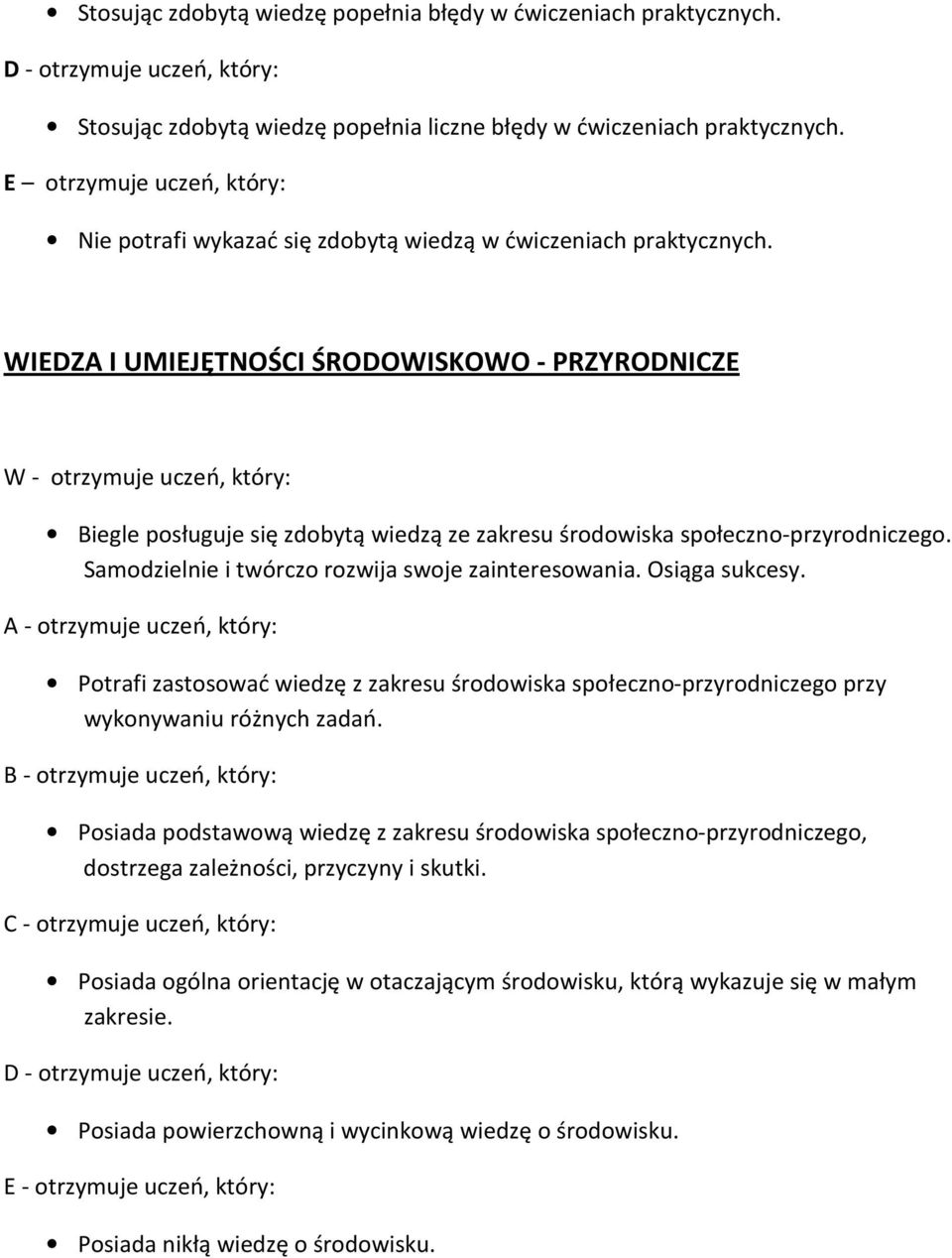 WIEDZA I UMIEJĘTNOŚCI ŚRODOWISKOWO - PRZYRODNICZE Biegle posługuje się zdobytą wiedzą ze zakresu środowiska społeczno-przyrodniczego. Samodzielnie i twórczo rozwija swoje zainteresowania.