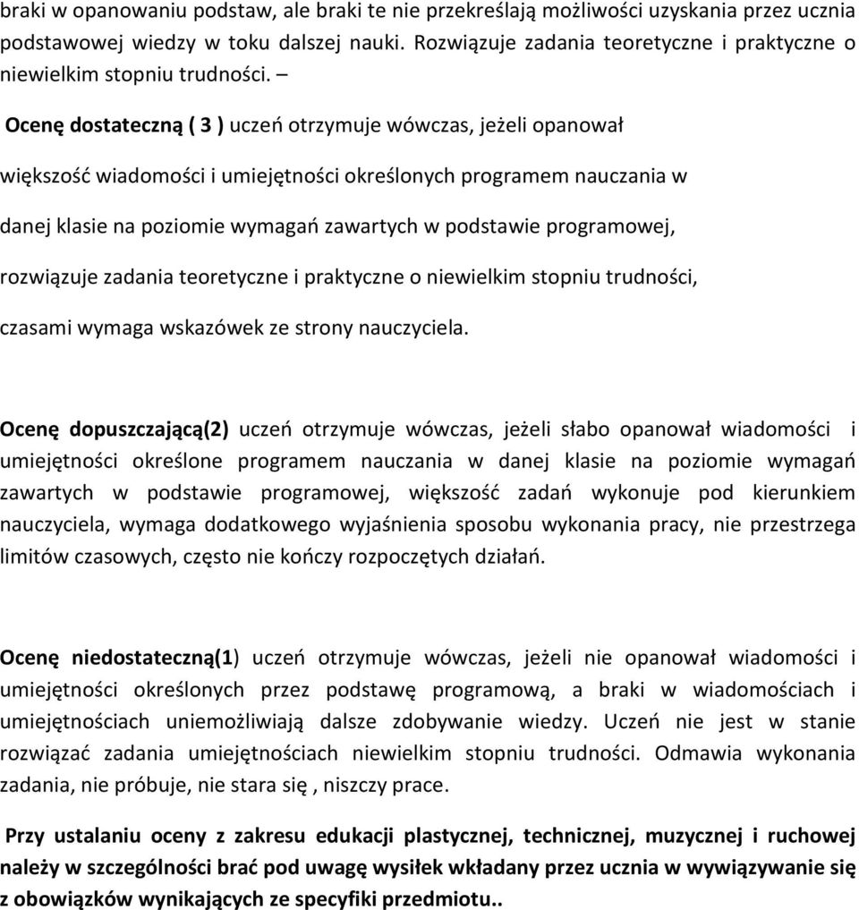 Ocenę dostateczną ( 3 ) uczeń otrzymuje wówczas, jeżeli opanował większość wiadomości i umiejętności określonych programem nauczania w danej klasie na poziomie wymagań zawartych w podstawie