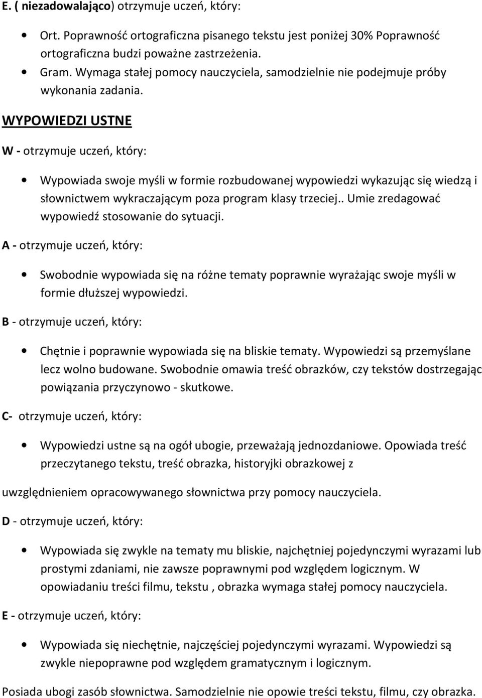 WYPOWIEDZI USTNE Wypowiada swoje myśli w formie rozbudowanej wypowiedzi wykazując się wiedzą i słownictwem wykraczającym poza program klasy trzeciej.. Umie zredagować wypowiedź stosowanie do sytuacji.
