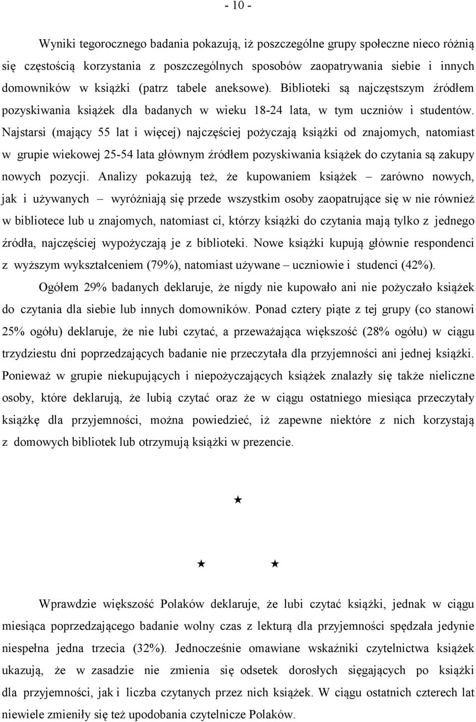 Najstarsi (mający 55 lat i więcej) najczęściej pożyczają książki od znajomych, natomiast w grupie wiekowej 25-54 lata głównym źródłem pozyskiwania książek do czytania są zakupy nowych pozycji.