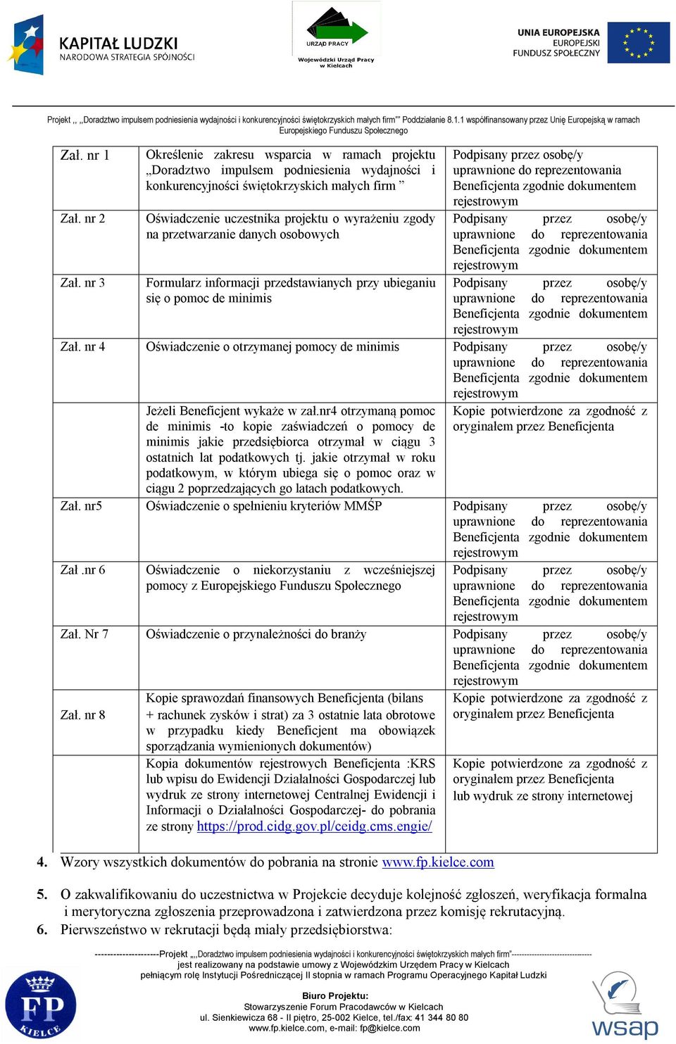 przetwarzanie danych osobowych Formularz informacji przedstawianych przy ubieganiu się o pomoc de minimis Zał. nr 4 Oświadczenie o otrzymanej pomocy de minimis Jeżeli Beneficjent wykaże w zał.