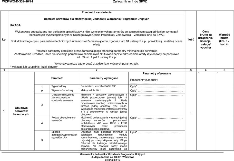 Załączniki nr do SIWZ) Brak dokładnego opisu parametrów technicznych uniemożliwi Zamawiającemu, zgodną z art. 9 ustawy P.z.p., prawidłową i rzetelną ocenę oferty Poniższe parametry określone przez Zamawiającego stanowią parametry minimalne dla serwerów.